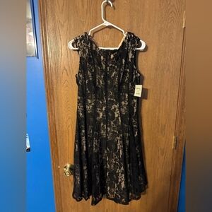 Sleeveless Black Lace Overlay Dress with Beige Underlay